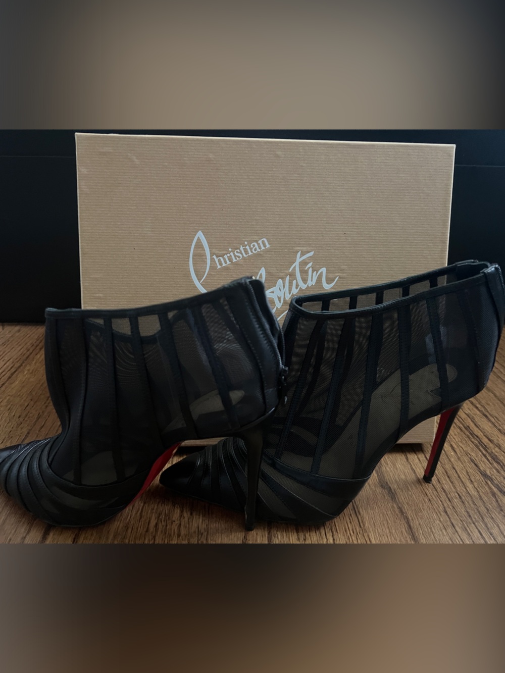 Christian Louboutin Baleine 100 39.5 Black Mesh Strappy Peep-Toe Booties